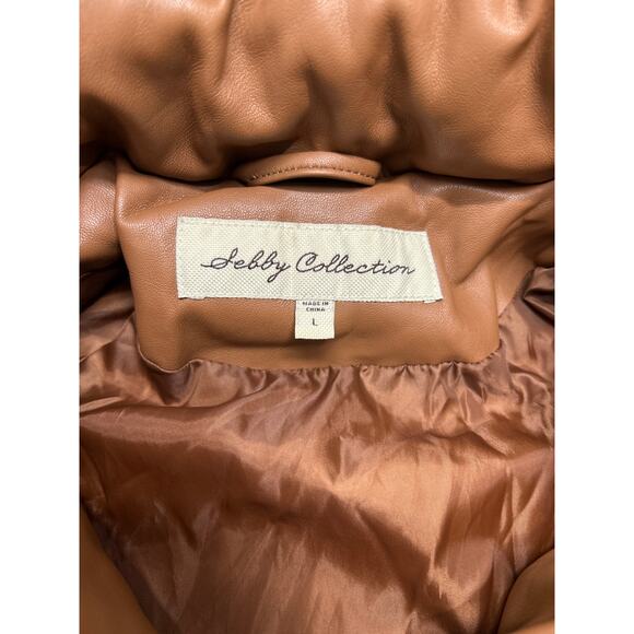 SEBBY Collection Faux Leather Short Puffer Jacket In Toffee - Picture 5 of 6